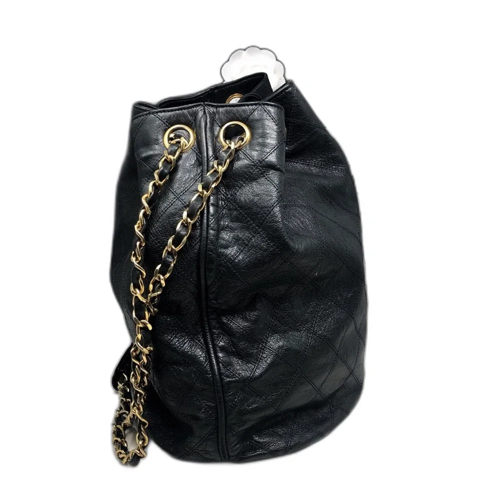 Vintage Chanel Black Lambskin Quilted CC Drawstring Bucket Bag Leather Backpack